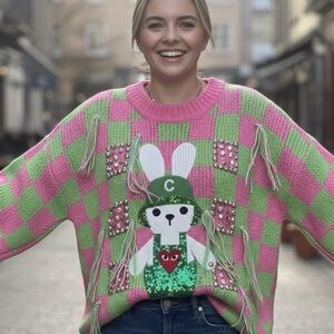 NWOT Pink and Green Checkered Sweater with Bunny Design